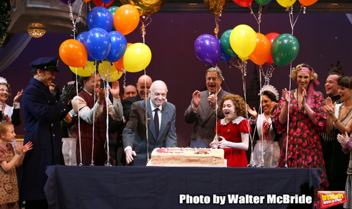 Clarke Thorell, Anthony Warlow, Charles Strouse, Merwin Foard, Lilla Crawford, Jane Lynch, Brynn O'Malley & the cast from Broadway's iconic musical ANNIE celebrate creator Charles Strouse's 85th Birthday at The Palace Theatre in New York City on June 06, 2013. at 