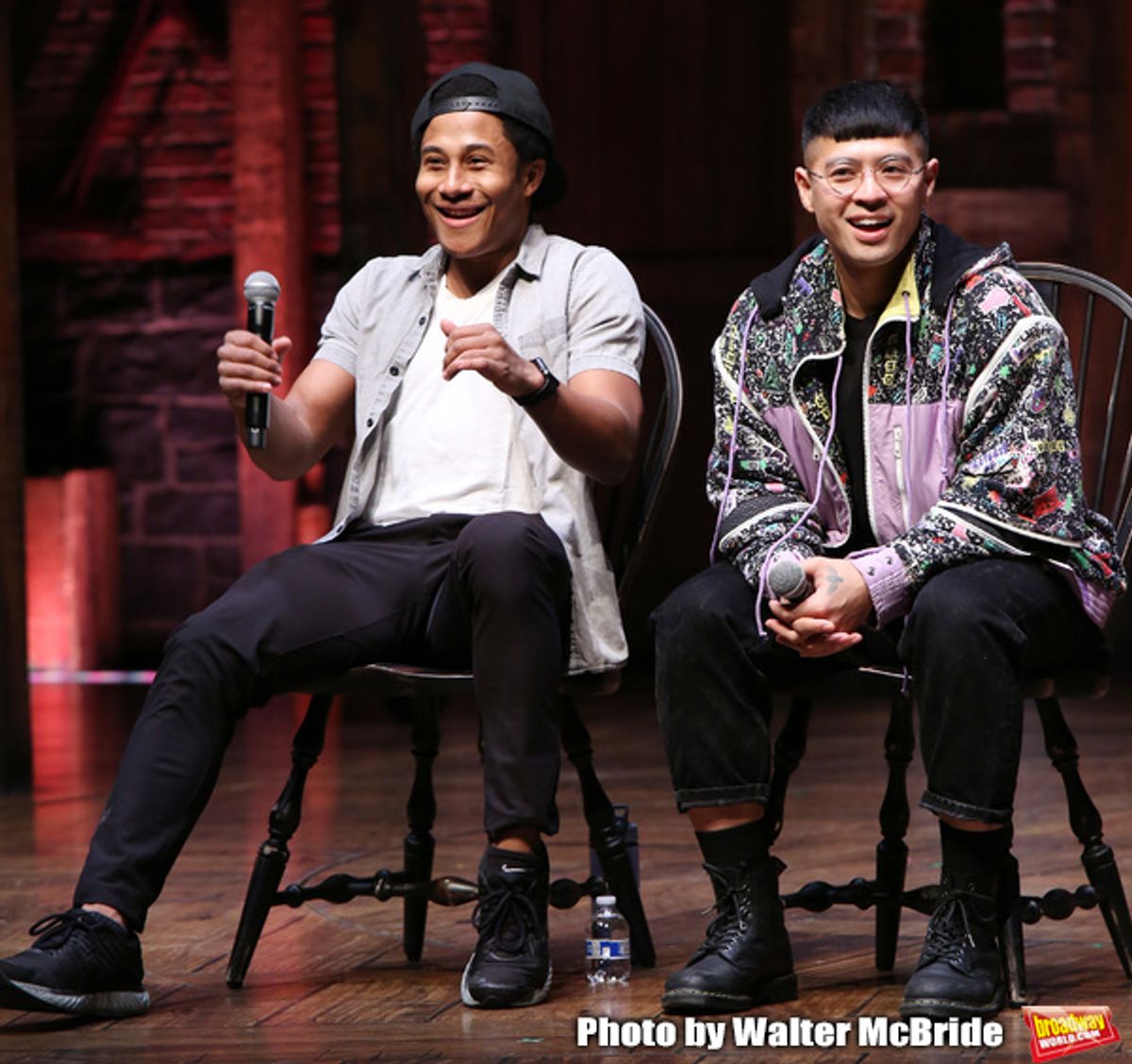 Daniel Yearwood and Preston Mui during the Q & A before The Rockefeller Foundation and The Gilder Lehrman Institute of American History sponsored High School student #eduHAM matinee performance of 'Hamilton' at the Richard Rodgers Theatre on 3/12/2020 in New York City. at 