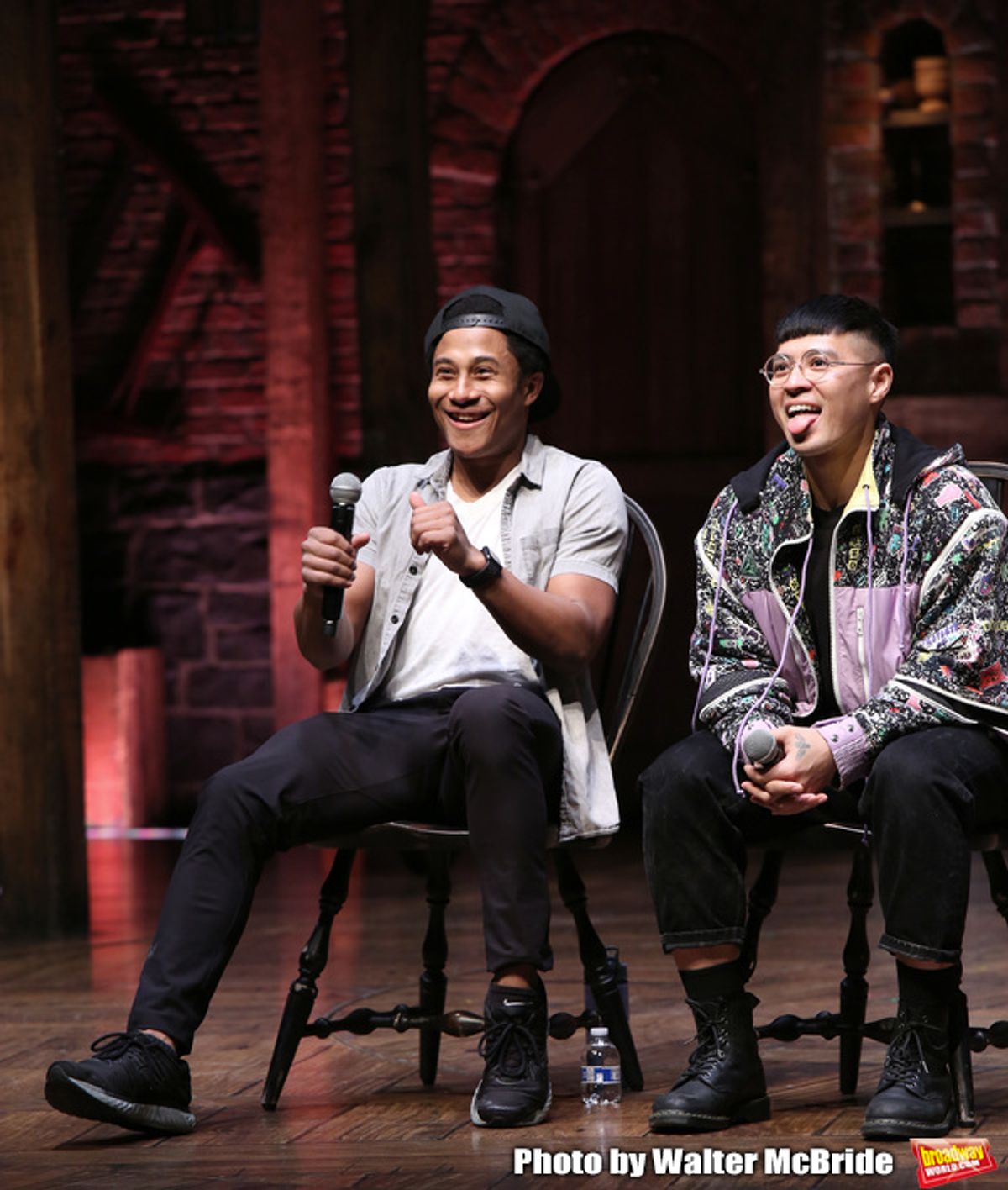 Daniel Yearwood and Preston Mui during the Q & A before The Rockefeller Foundation and The Gilder Lehrman Institute of American History sponsored High School student #eduHAM matinee performance of 'Hamilton' at the Richard Rodgers Theatre on 3/12/2020 in New York City. at 