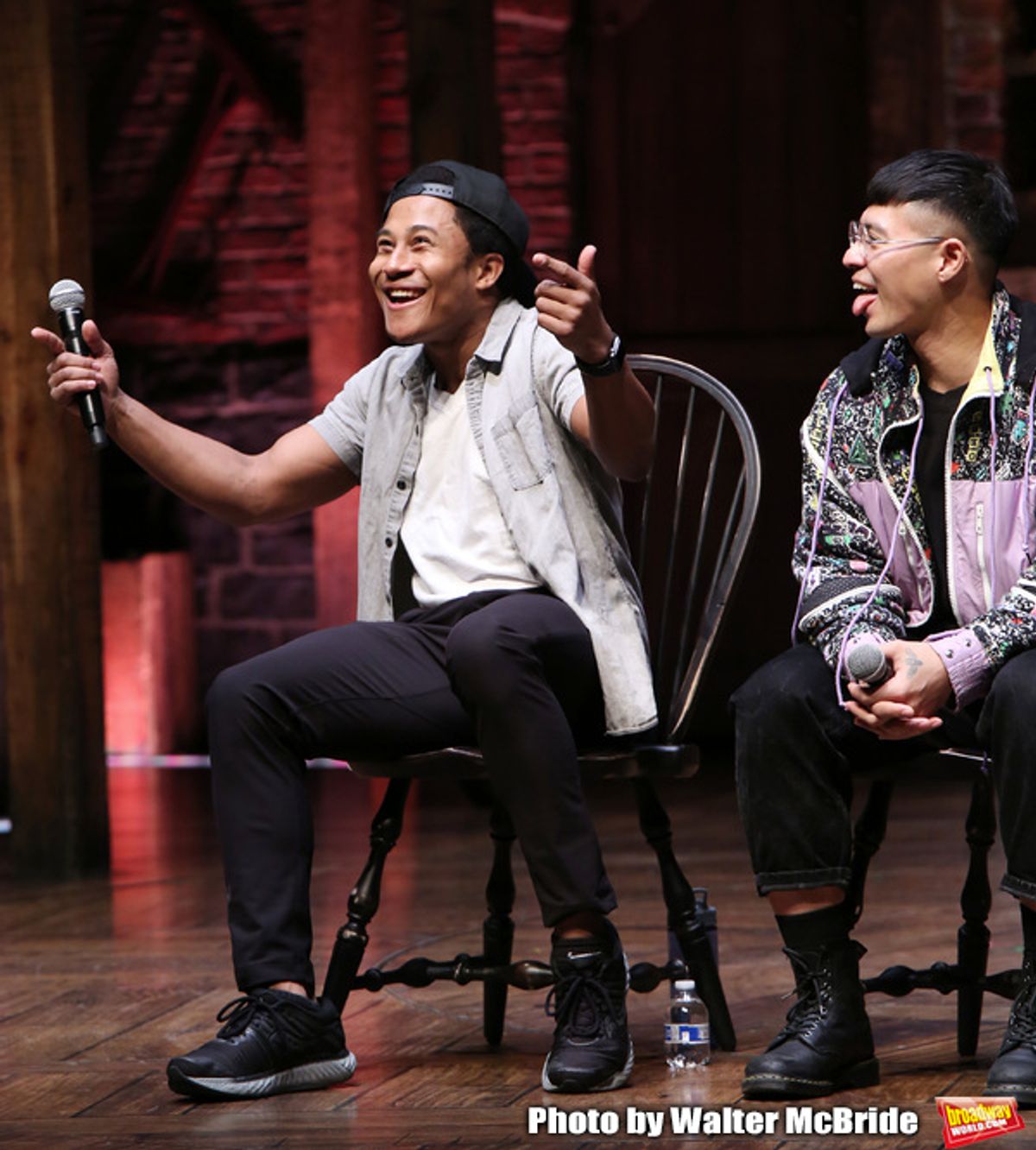 Daniel Yearwood and Preston Mui during the Q & A before The Rockefeller Foundation and The Gilder Lehrman Institute of American History sponsored High School student #eduHAM matinee performance of 'Hamilton' at the Richard Rodgers Theatre on 3/12/2020 in New York City. at 