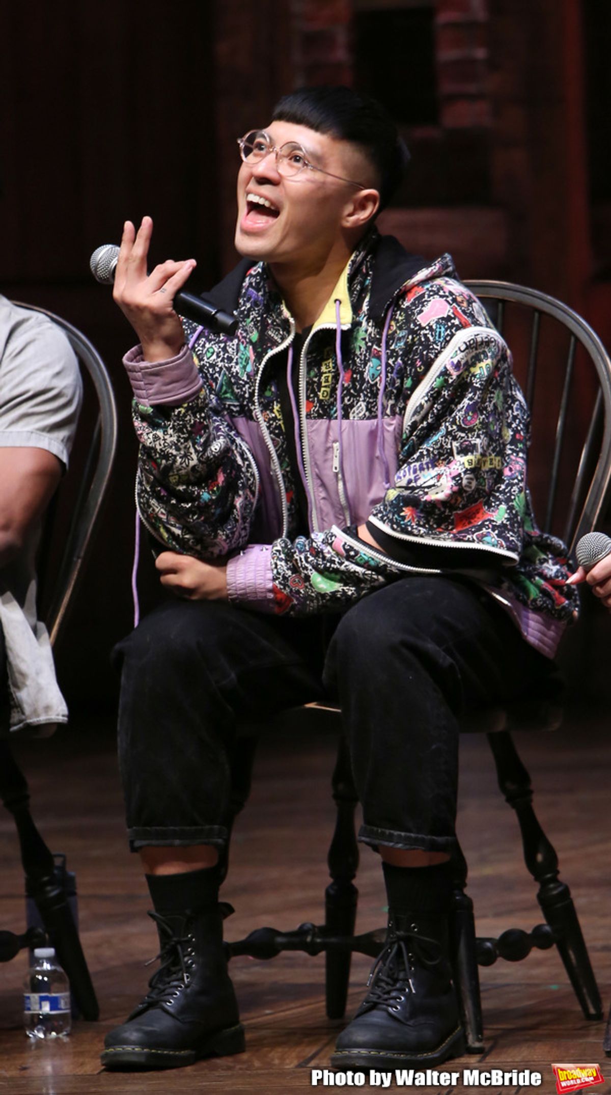 Preston Mui and Lauren Boyd during the Q & A before The Rockefeller Foundation and The Gilder Lehrman Institute of American History sponsored High School student #eduHAM matinee performance of 'Hamilton' at the Richard Rodgers Theatre on 3/12/2020 in New York City. at 