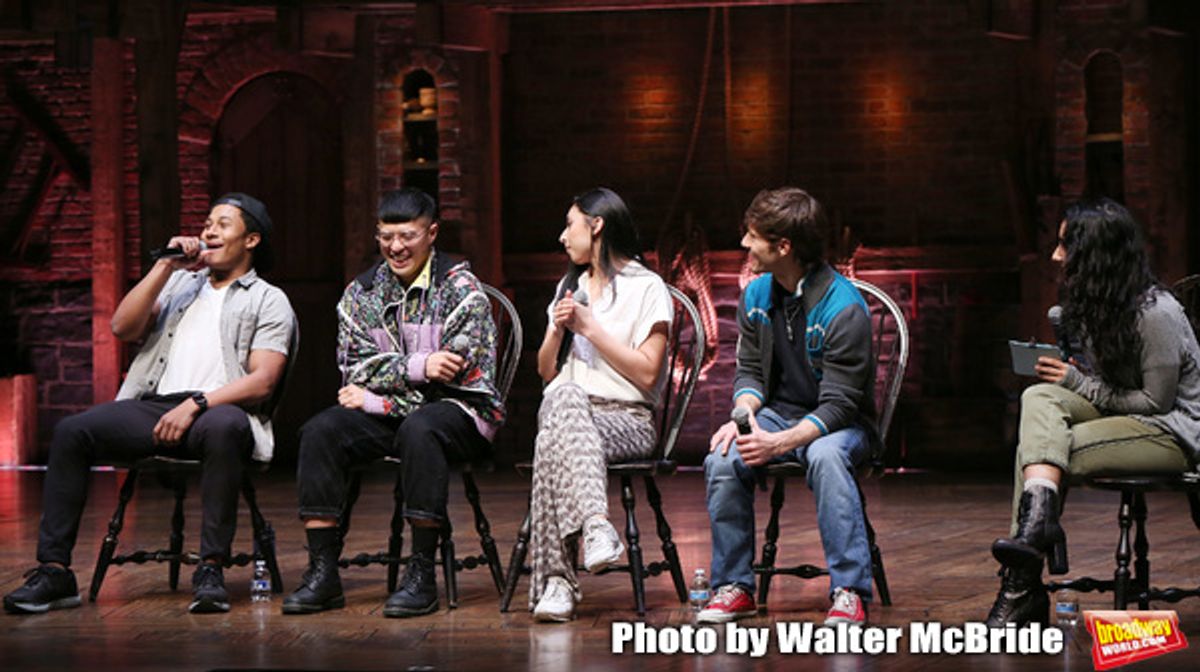 Daniel Yearwood, Preston Mui, Lauren Boyd, Thayne Jasperson and Gabriella Sorrentino during the Q & A before The Rockefeller Foundation and The Gilder Lehrman Institute of American History sponsored High School student #eduHAM matinee performance of 'Hamilton' at the Richard Rodgers Theatre on 3/12/2020 in New York City. at 