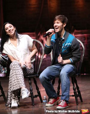 Lauren Boyd and Thayne Jasperson during the Q & A before The Rockefeller Foundation and The Gilder Lehrman Institute of American History sponsored High School student #eduHAM matinee performance of "Hamilton" at the Richard Rodgers Theatre on 3/12/2020 in New York City. @ BroadwayWorld Lauren Boyd and Thayne Jasperson during the Q & A before The Rockefeller Foundation a Photo