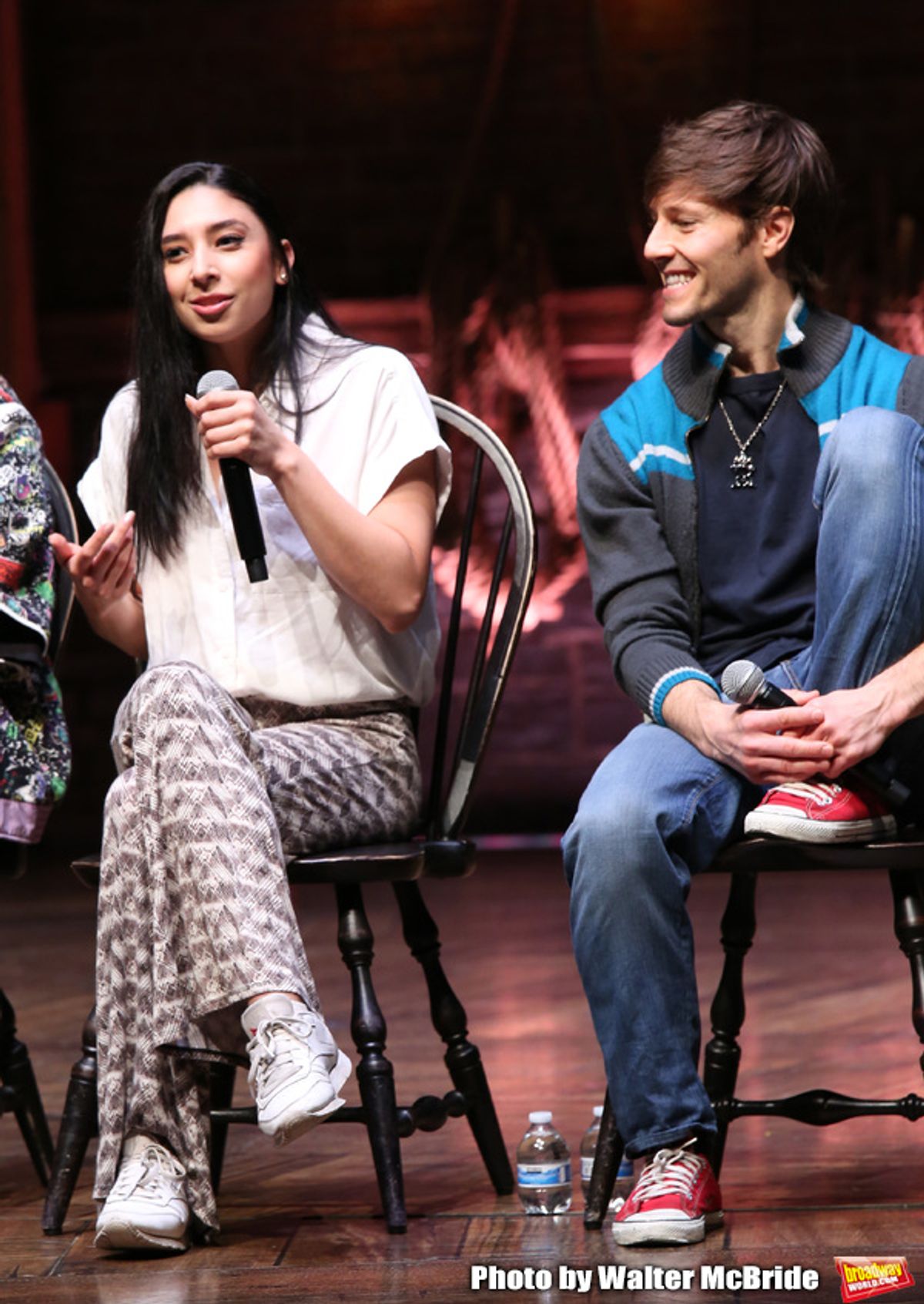Lauren Boyd and Thayne Jasperson during the Q & A before The Rockefeller Foundation and The Gilder Lehrman Institute of American History sponsored High School student #eduHAM matinee performance of 'Hamilton' at the Richard Rodgers Theatre on 3/12/2020 in New York City. at 