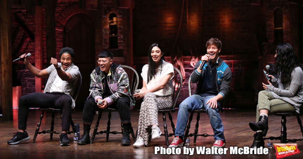 Daniel Yearwood, Preston Mui, Lauren Boyd, Thayne Jasperson and Gabriella Sorrentino during the Q & A before The Rockefeller Foundation and The Gilder Lehrman Institute of American History sponsored High School student #eduHAM matinee performance of 'Hamilton' at the Richard Rodgers Theatre on 3/12/2020 in New York City. at 