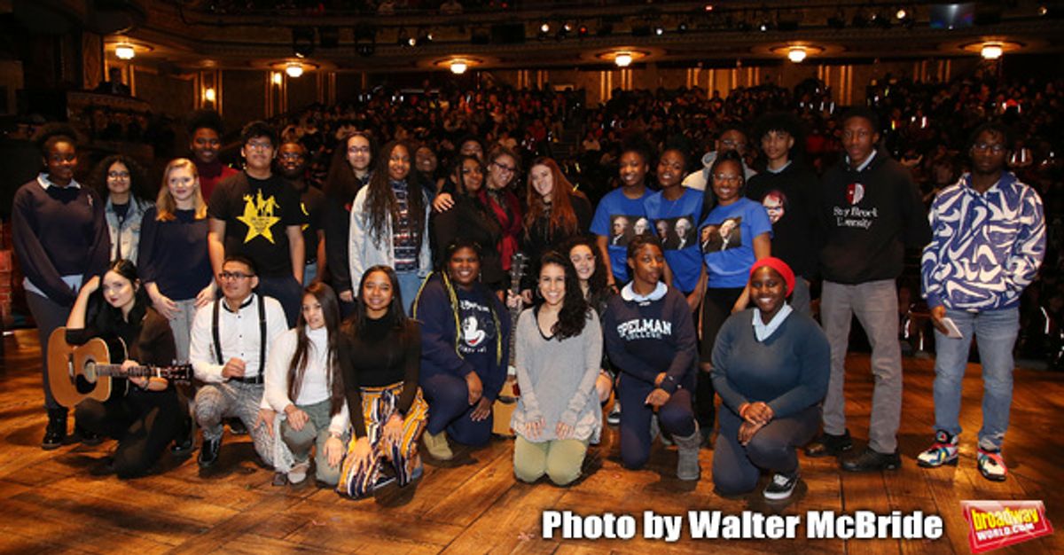 Gabriella Sorrentino with student performers during the Q & A before The Rockefeller Foundation and The Gilder Lehrman Institute of American History sponsored High School student #eduHAM matinee performance of 'Hamilton' at the Richard Rodgers Theatre on 3/12/2020 in New York City. at 