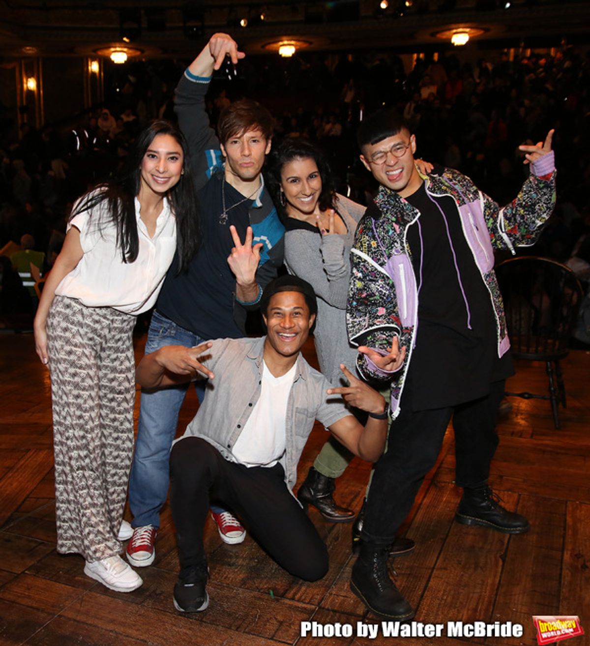 Lauren Boyd,  Thayne Jasperson, Daniel Yearwood, Gabriella Sorrentino and Preston Mui  during the Q & A before The Rockefeller Foundation and The Gilder Lehrman Institute of American History sponsored High School student #eduHAM matinee performance of 'Hamilton' at the Richard Rodgers Theatre on 3/12/2020 in New York City. at 