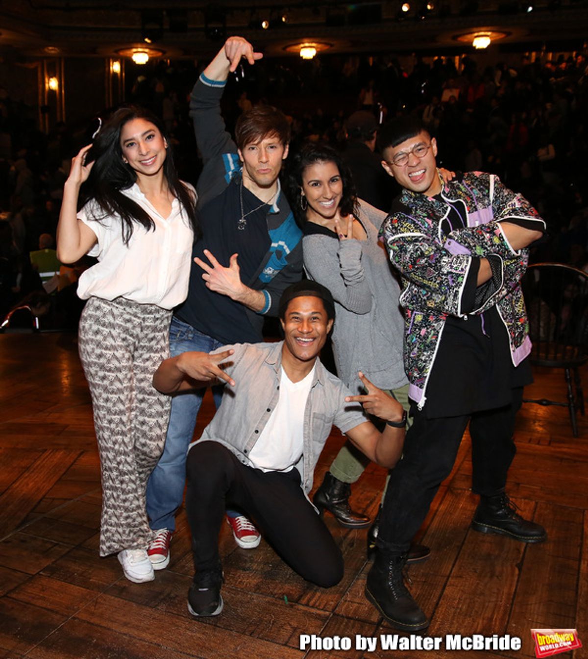 Lauren Boyd,  Thayne Jasperson, Daniel Yearwood, Gabriella Sorrentino and Preston Mui  during the Q & A before The Rockefeller Foundation and The Gilder Lehrman Institute of American History sponsored High School student #eduHAM matinee performance of 'Hamilton' at the Richard Rodgers Theatre on 3/12/2020 in New York City. at 