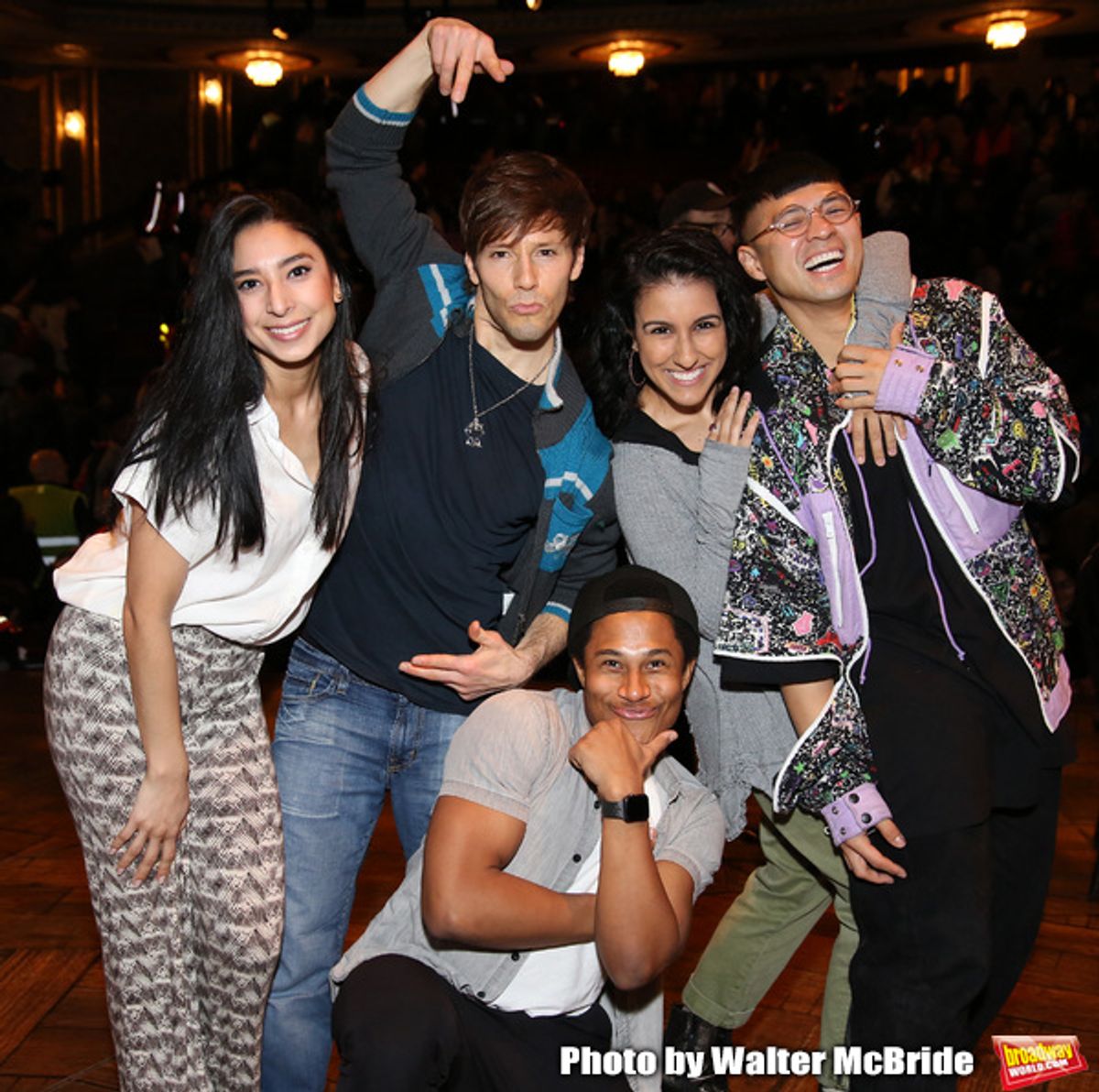 Lauren Boyd,  Thayne Jasperson, Daniel Yearwood, Gabriella Sorrentino and Preston Mui  during the Q & A before The Rockefeller Foundation and The Gilder Lehrman Institute of American History sponsored High School student #eduHAM matinee performance of 'Hamilton' at the Richard Rodgers Theatre on 3/12/2020 in New York City. at 