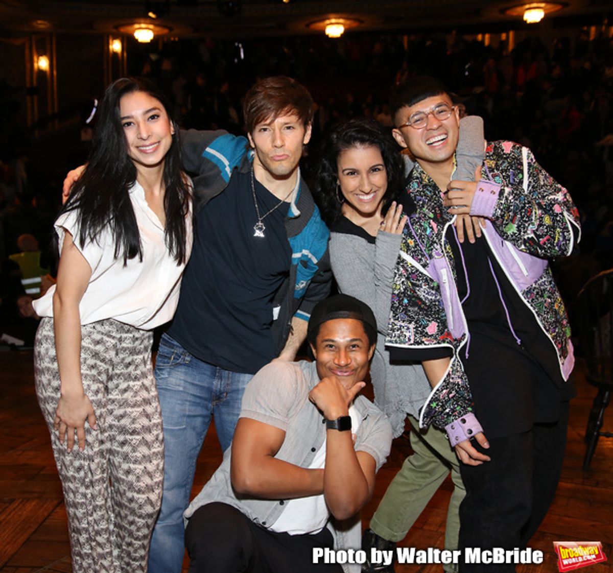 Lauren Boyd,  Thayne Jasperson, Daniel Yearwood, Gabriella Sorrentino and Preston Mui  during the Q & A before The Rockefeller Foundation and The Gilder Lehrman Institute of American History sponsored High School student #eduHAM matinee performance of 'Hamilton' at the Richard Rodgers Theatre on 3/12/2020 in New York City. at 