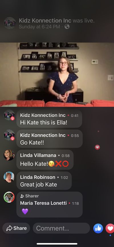 Kate Robinson in her home from their live Facebook cabaret Photo