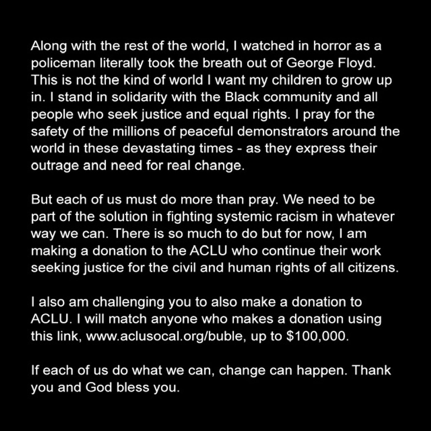 Michael Buble Offers To Match Donations From Fans To ACLU Michael Buble Offers To Match Donations From Fans To ACLU Image
