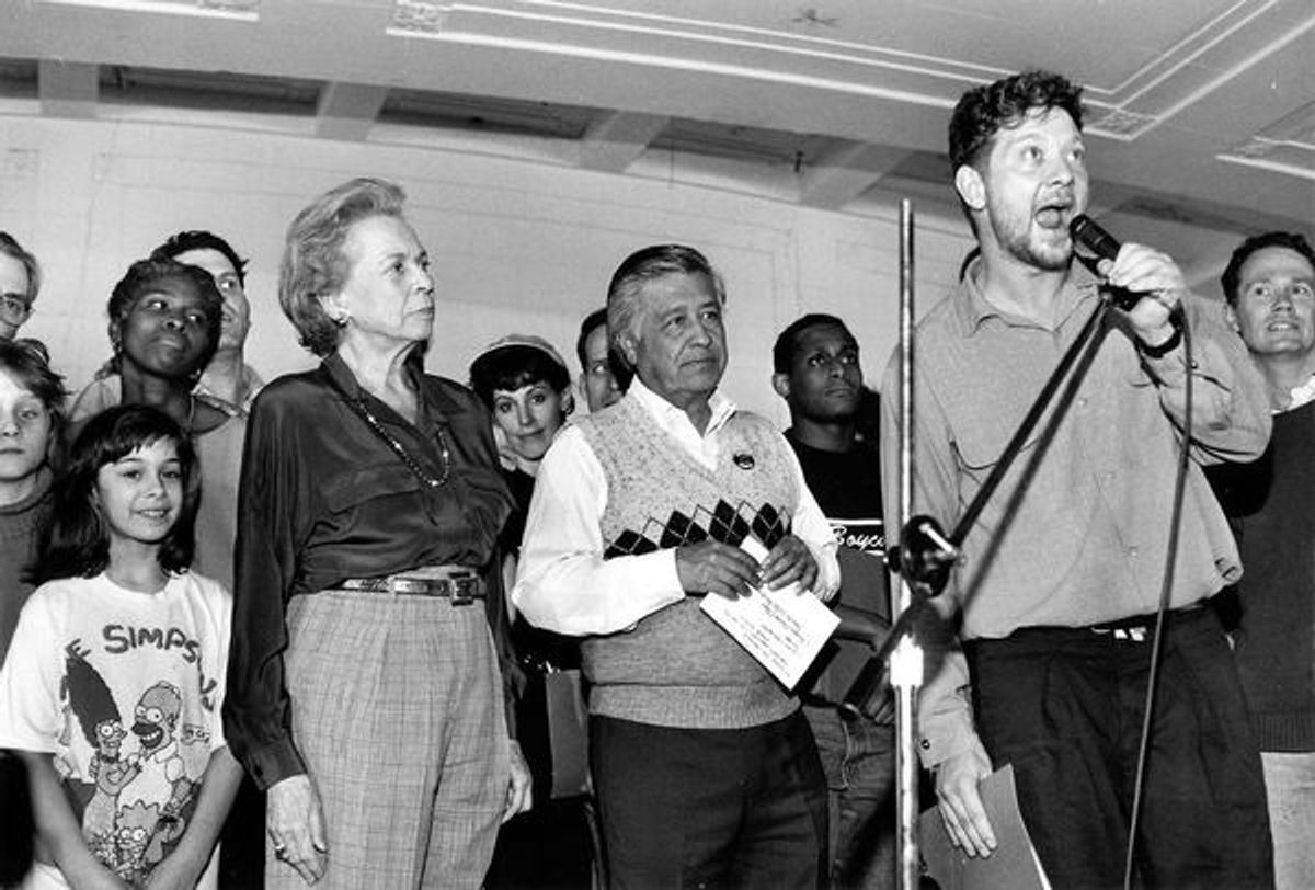 Elaine Steinbeck at a rally with Cesar Chavez and the cast of the Tony Award-winning Steppenwolf production of John Steinbeck's THE GRAPES OF WRATH, 1990. at 