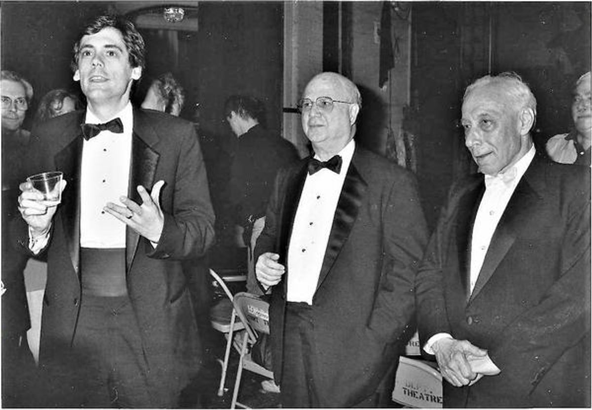 Randall Arney, Steppenwolf Artistic Director with Gerald Schoenfeld, Chairman and Bernard B. Jacobs, President of The Shubert Organization, producers of THE GRAPES OF WRATH onstage at the Cort after the show captured the Tony Awards for Best Play and Best Director at 