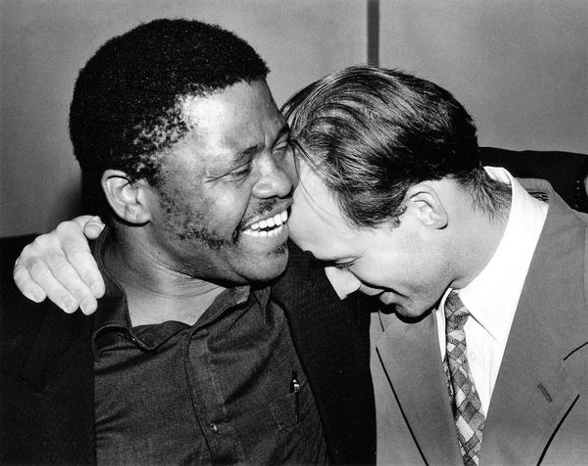 Joseph Shabalala, leader of Ladysmith Black Mambazo, who performed in the Tony nominated THE SONG OF JACOB ZULU, at the opening night party with director Eric Simonson. 1992 at 