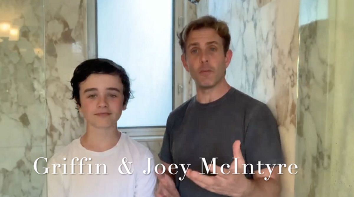 Griffin and Joey McIntyre (New Kids on the Block) performing a rousing rendition of Bon Jovi''s Halfway There in the shower for the Obi Ndefo Virtual Cabaret Benefit, organized by Griffin''s Country Com at 