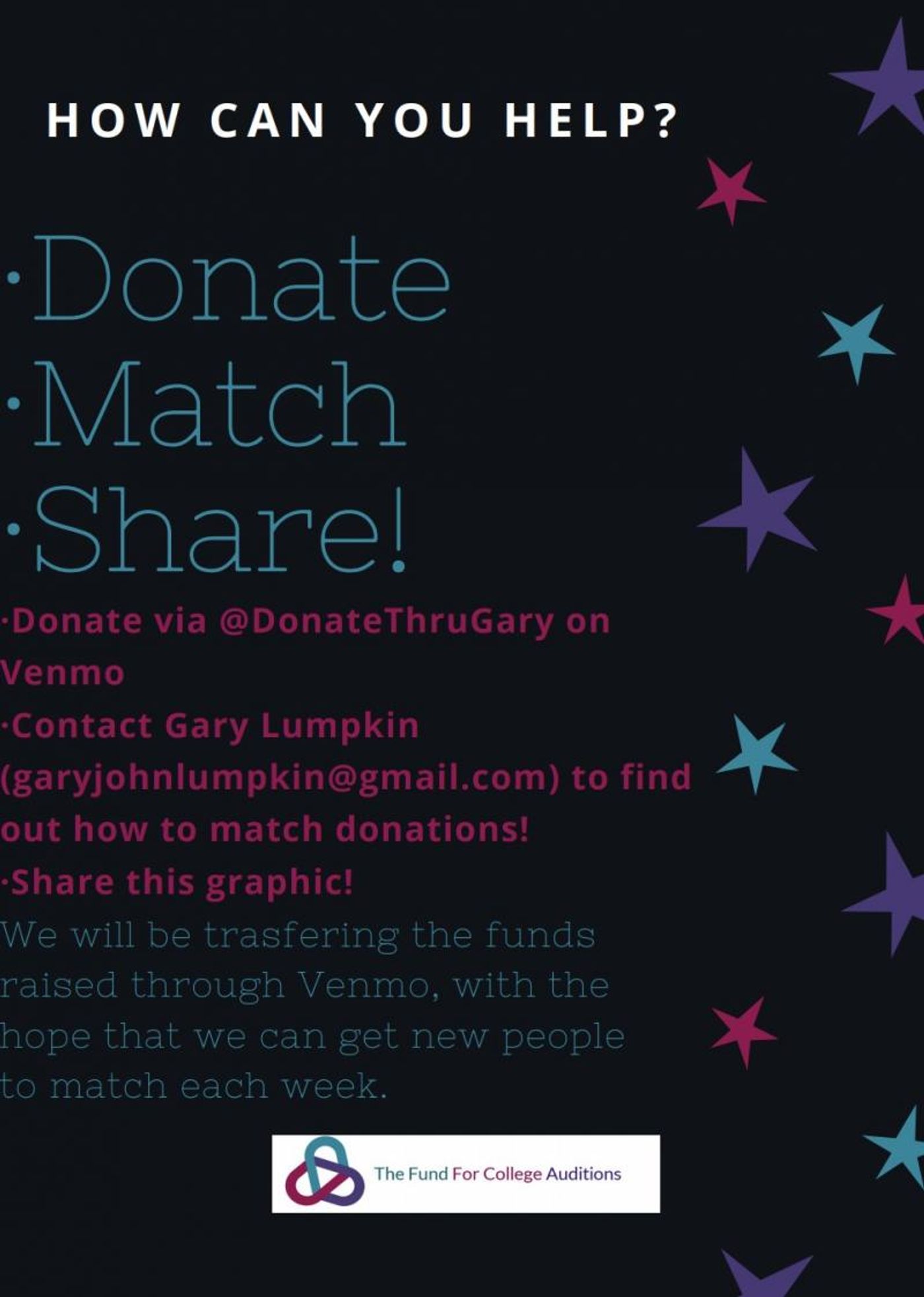 Help Raise Money for Under-Represented Theatre Students Through The Fund for College Auditions- Donate Today! Help Raise Money for Under-Represented Theatre Students Through The Fund for College Auditions- Donate Today! Image