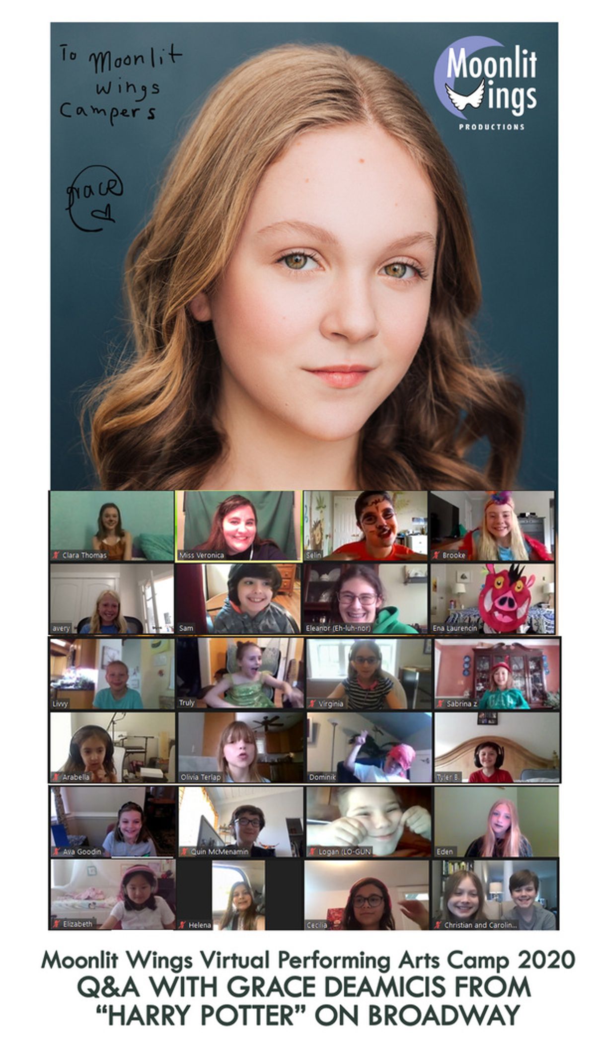 An autographed headshot To Moonlit Wings Campers from Grace DeAmicis at 