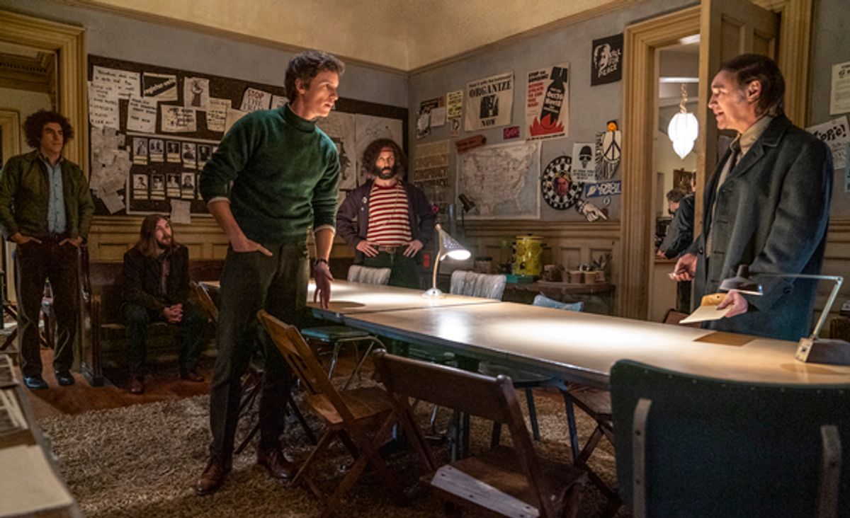  SACHA BARON COHEN as Abbie Hoffman, DANNY FLAHERTY as John Froines, EDDIE REDMAYNE as Tom Hayden, JEREMY STRONG as Jerry Rubin, MARK RYLANCE as William Kuntsler   at 