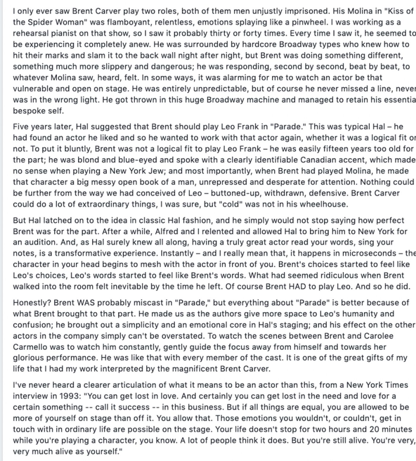 Jason Robert Brown, Carolee Carmello, Chita Rivera & More Pay Tribute to Brent Carver  Image