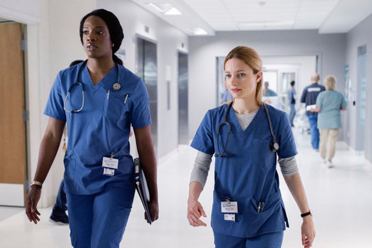 Ayisha Issa as Dr. June Curtis, Laurence Leboeuf as Dr. Magalie Leblanc (Photo by: Yan Turcotte/Sphere Media/CTV/NBC) at 