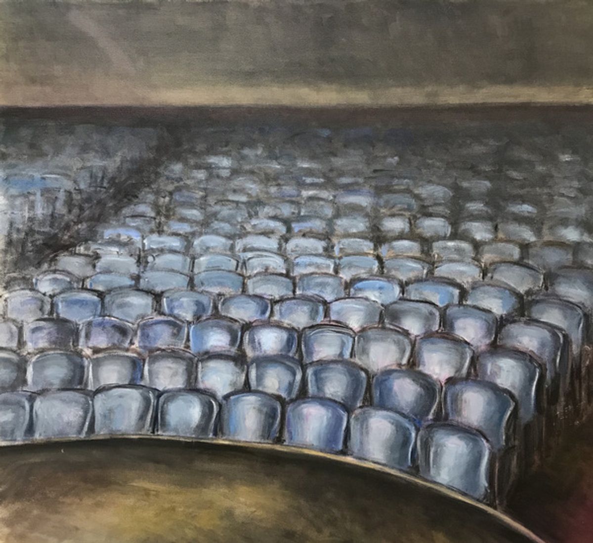Lonely Seats (30x30”, oil on canvas) by Cara London, painted from the stage at the Park Theatre, and now in the gallery. at See the Newly Restored Park Theatre in Union City