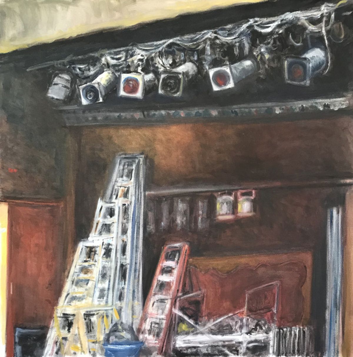 Upstage right and backstage (30x30'' oil on canvas)  by Cara London. at See the Newly Restored Park Theatre in Union City
