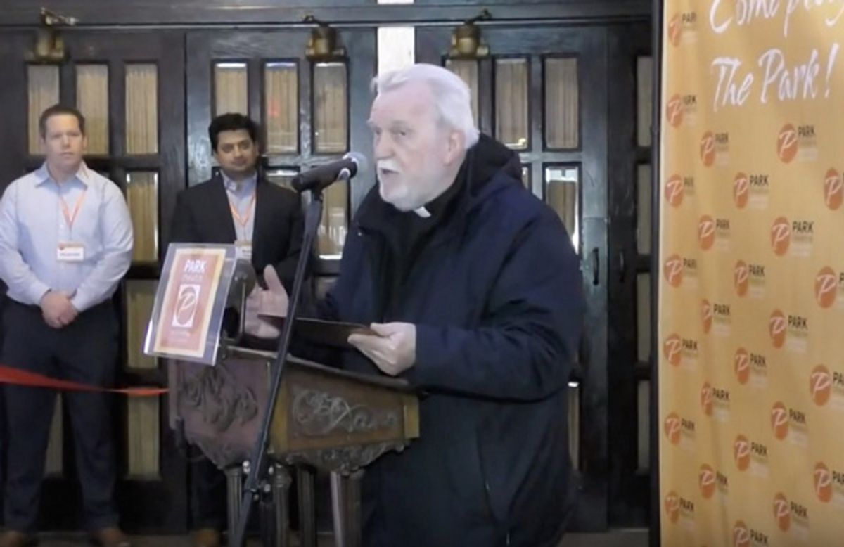 Rev. John Docherty of the Holy Family Parish, speaking at the ribbon cutting ceremony at the Park Theatre on March 7, 2020. at See the Newly Restored Park Theatre in Union City