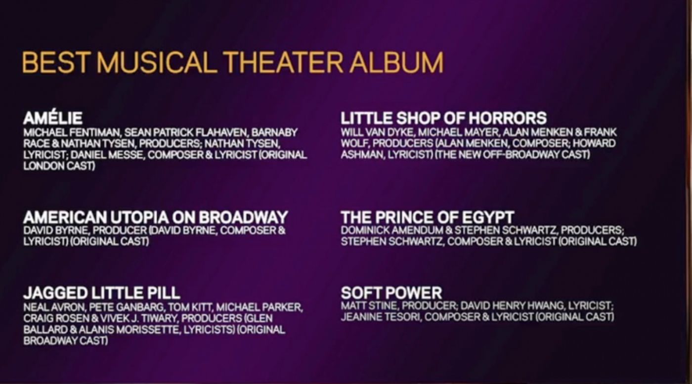 JAGGED LITTLE PILL, AMERICAN UTOPIA & More Nominated for Best Musical Theatre Album at the GRAMMY AWARDS JAGGED LITTLE PILL, AMERICAN UTOPIA & More Nominated for Best Musical Theatre Album at the GRAMMY AWARDS Image