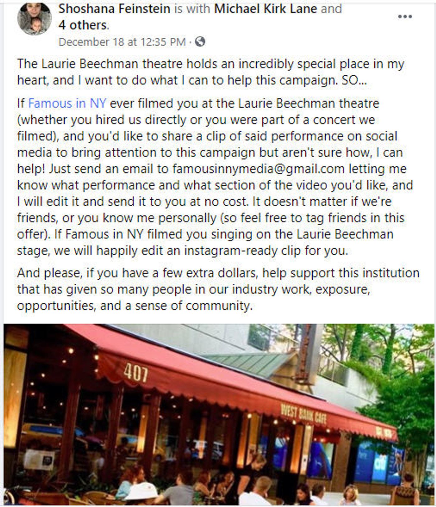 Interview: Tom D'Angora of SAVE WEST BANK CAFE VIRTUAL TELETHON on Christmas Day Interview: Tom D'Angora of SAVE WEST BANK CAFE VIRTUAL TELETHON on Christmas Day Image