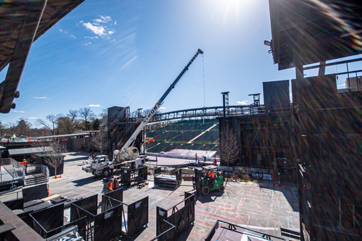 Pieces of the mainstage being installed at the Muny at 