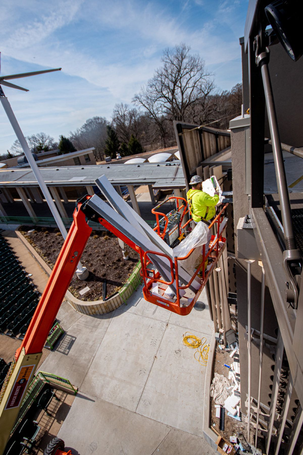 Stage right decorative shell being installed at The Muny at 