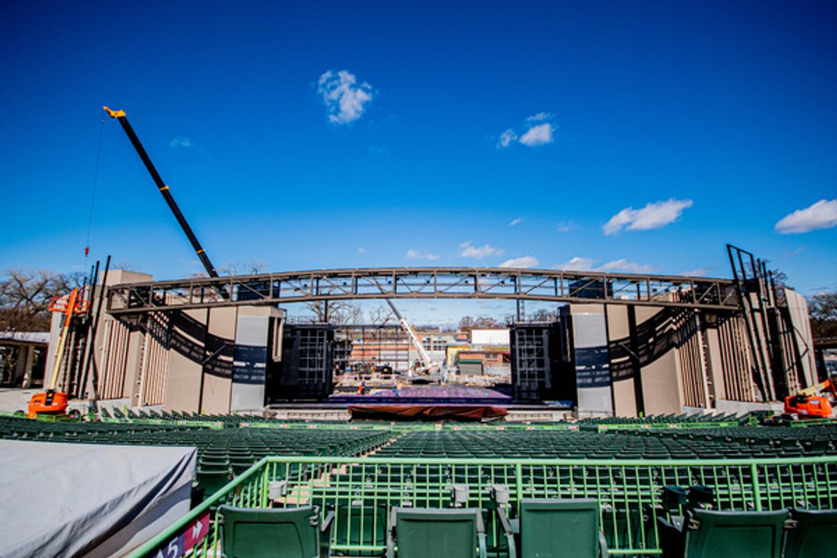 Stage right decorative shells being installed at The Muny at BWW Interview: The Muny Leadership On Renovations, Pandemic, 2021 Season & More!