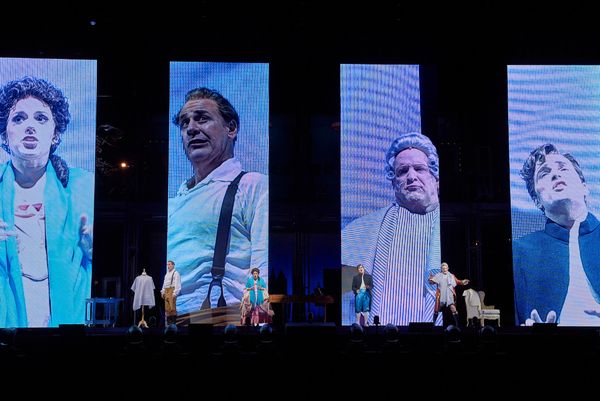 Lucas Meachem as Figaro, Daniela Mack as Rosina, Alek Shrader as Count Almaviva, and  Photo