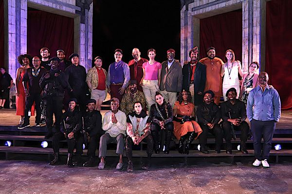 Andre De Shields (seated in cream top) and the Company of KING LEAR. Photo by Lia Cha Photo