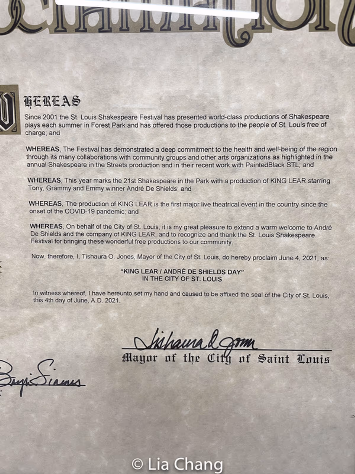 St. Louis Mayor Tishaura O. Jones? Proclamation naming June 4, 2021 as King Lear/Andre De Shields Day in the City of St. Louis at 