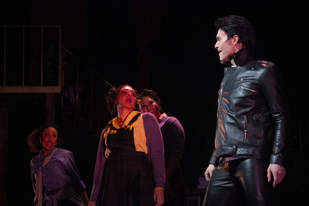 The Urchins (Elise Daniells, Jazmin Moehring, and Blair Beasley) give Orin (Jamie Michael Parnell) grief in the Arizona Broadway Theatre production of Little Shop of Horrors at Photos: First Look at LITTLE SHOP OF HORRORS at Arizona Broadway Theatre