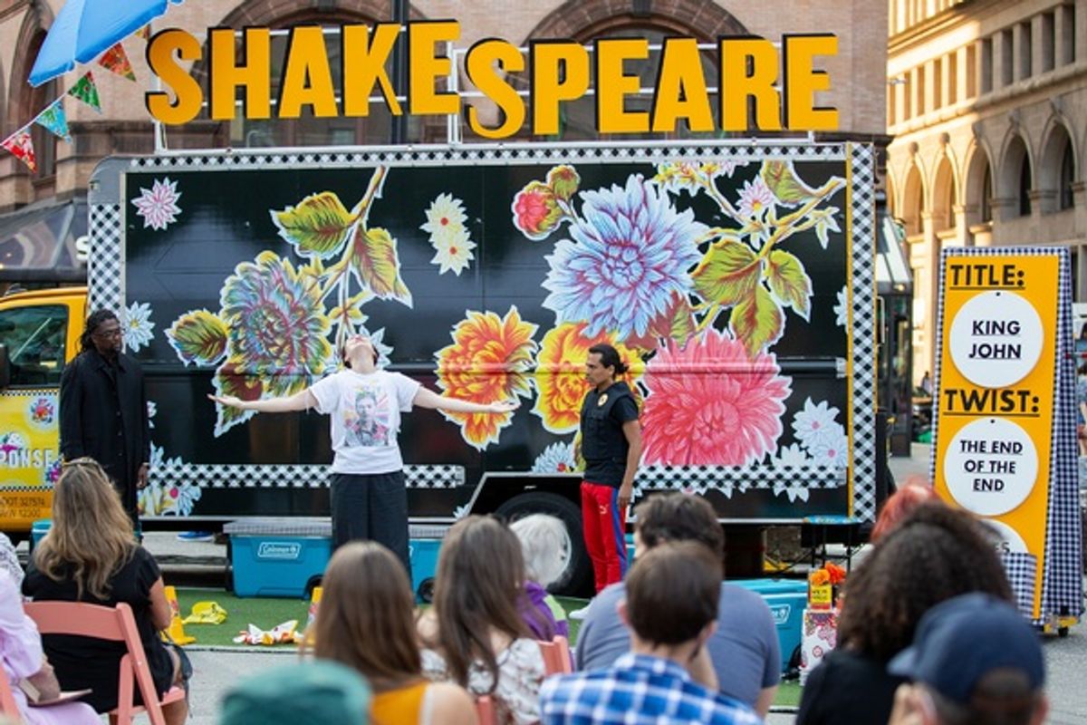 Malik Work, Sofia Jean Gomez, and Reza Salazar in Shakespeare: Call and Response, during Mobile Unit's Summer of Joy, a free tour of New York City at 