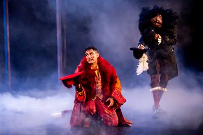 Adam Karim as Volpino and Reice Weathers as Fellino in Pinocchio at Greenwich Theatre Photo