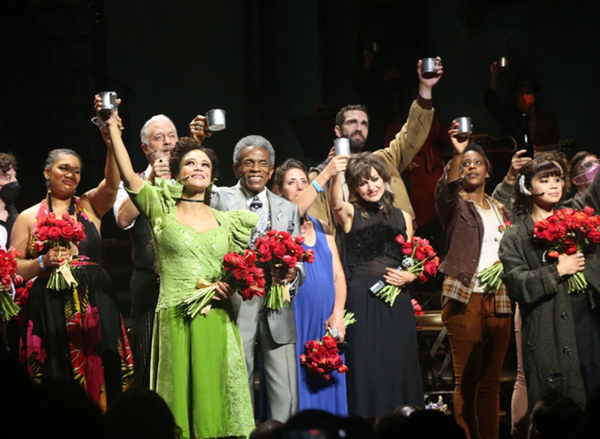 Tom Hewitt, Andre De Shields, Director Rachel Chavkin, Timothy Hughes, Composer Anaïs Mitchell, Tara Jackson and Eva Noblezada  at 