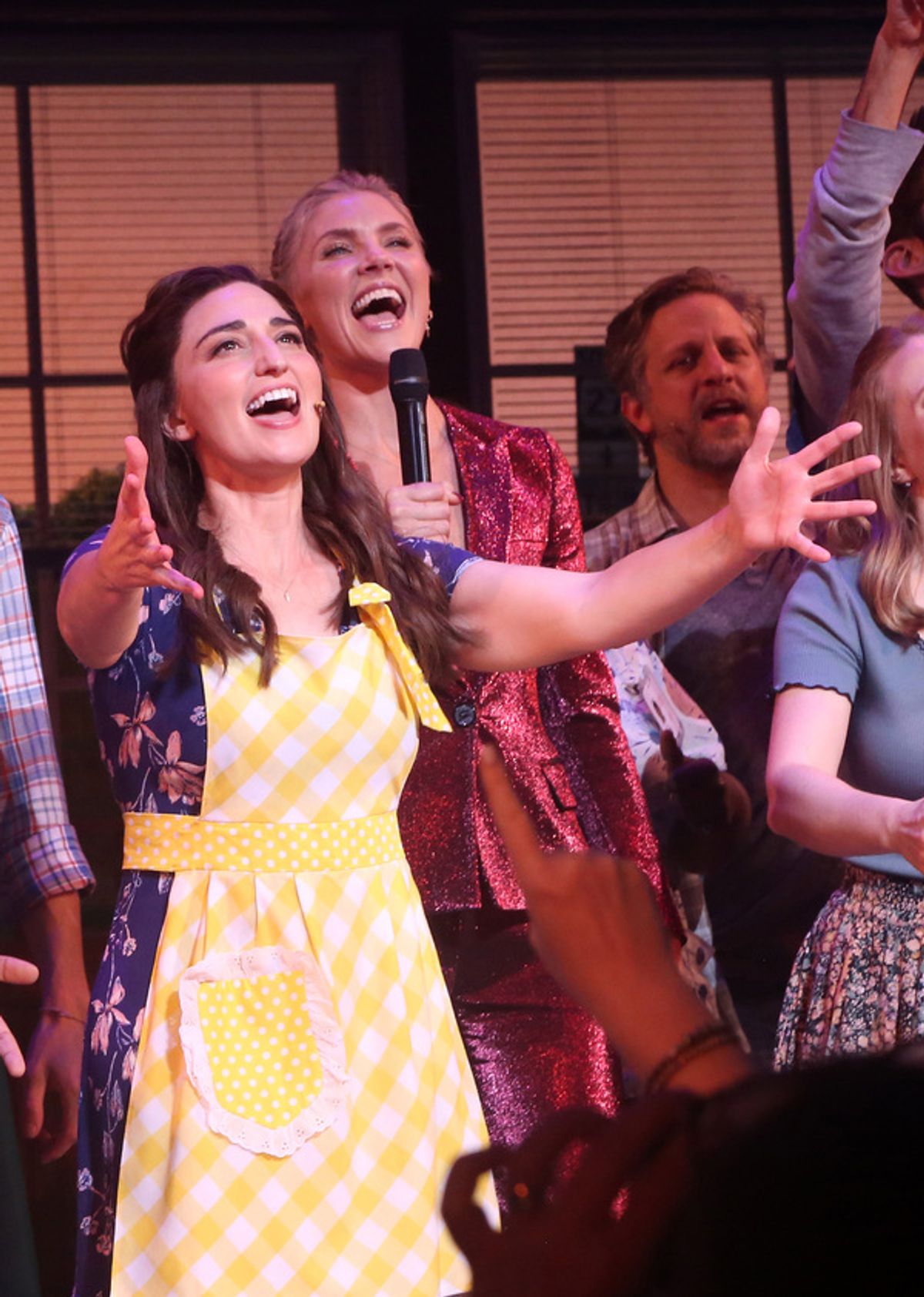 NEW YORK, NEW YORK - SEPTEMBER 02: Sara Bareilles, Amanda Kloots, Joe Tippett during the curtain call at 'Waitress' on Broadway as the musical re-opens on Broadway after the pandemic shutdown Kloots husband Nick Cordero was in the original cast of the show & they dedicated the show to him & sang his song 'Live Your Life' onstage as a tribute at The Barrymore Theater on September 2, 2021 in New York City. (Photo by Bruce Glikas/Getty Images) at 