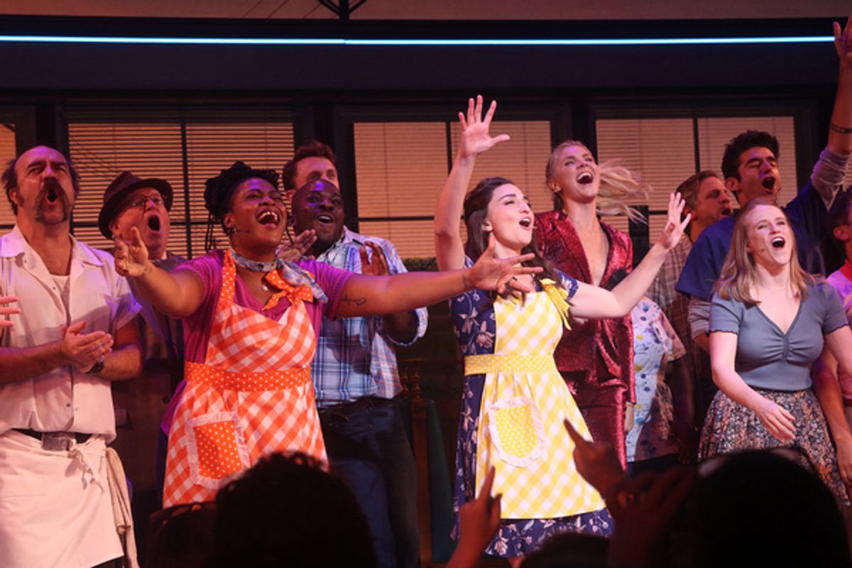 NEW YORK, NEW YORK - SEPTEMBER 02: (L-R) Eric Anderson, Charity Angel Dawson, Sara Bareilles, Amanda Kloots, Caitlin Houlahan, Drew Gehling, Christopher Fitzgerald during the curtain call at 'Waitress' on Broadway as the musical re-opens on Broadway after the pandemic shutdown Kloots husband Nick Cordero was in the original cast of the show & they dedicated the show to him & sang his song 'Live Your Life' onstage as a tribute at The Barrymore Theater on September 2, 2021 in New York City. (Photo by Bruce Glikas/Getty Images) at 