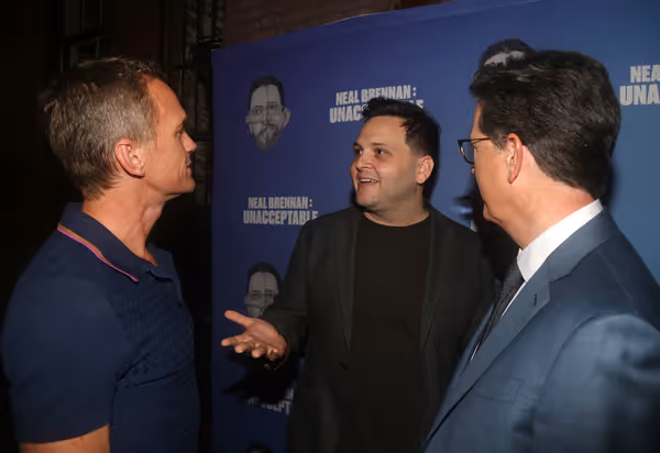 Neil Patrick Harris, Director Derek DelGaudio and Stephen Colbert  Photo