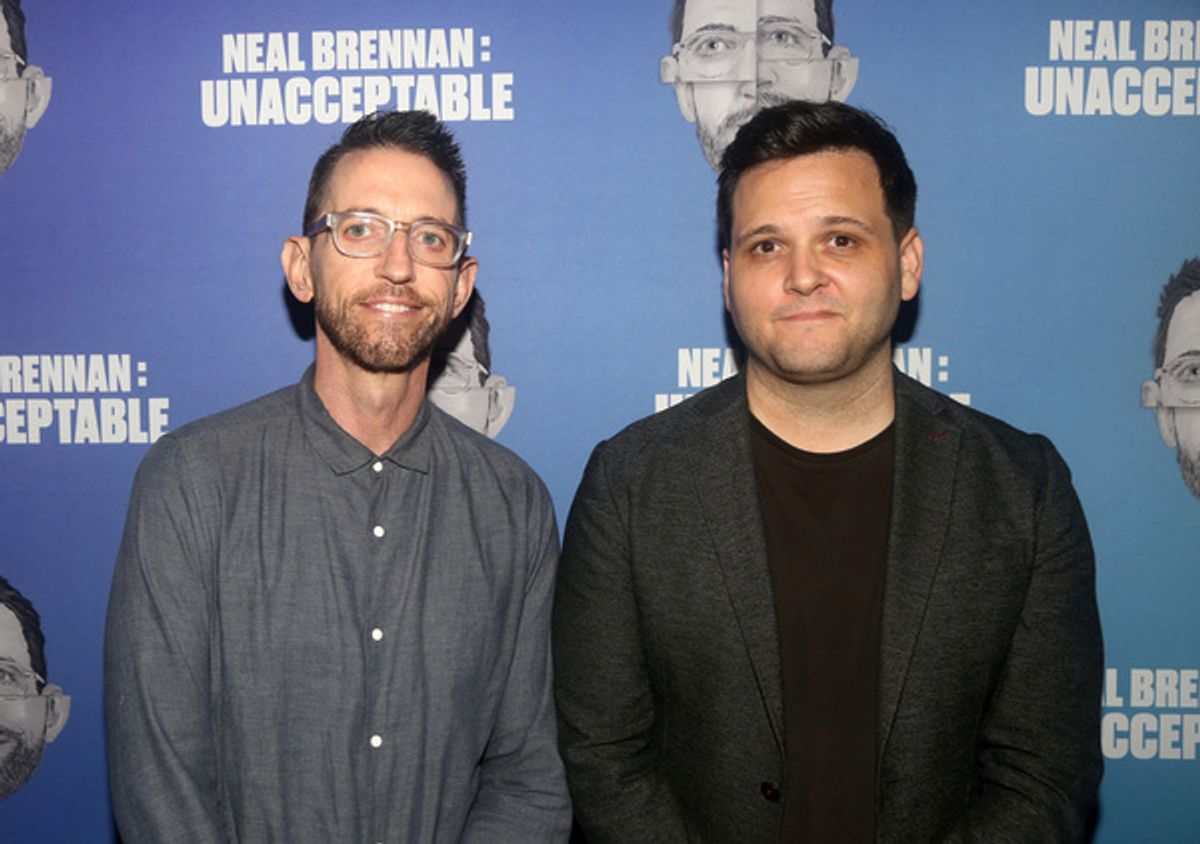 NEW YORK, NEW YORK - SEPTEMBER 09: Neal Brennan and Director Derek DelGaudio pose at the opening night party for 'Neal Brennan's Unacceptable' at The Leroy House on September 9, 2021 in New York City. (Photo by Bruce Glikas/Getty Images) at 