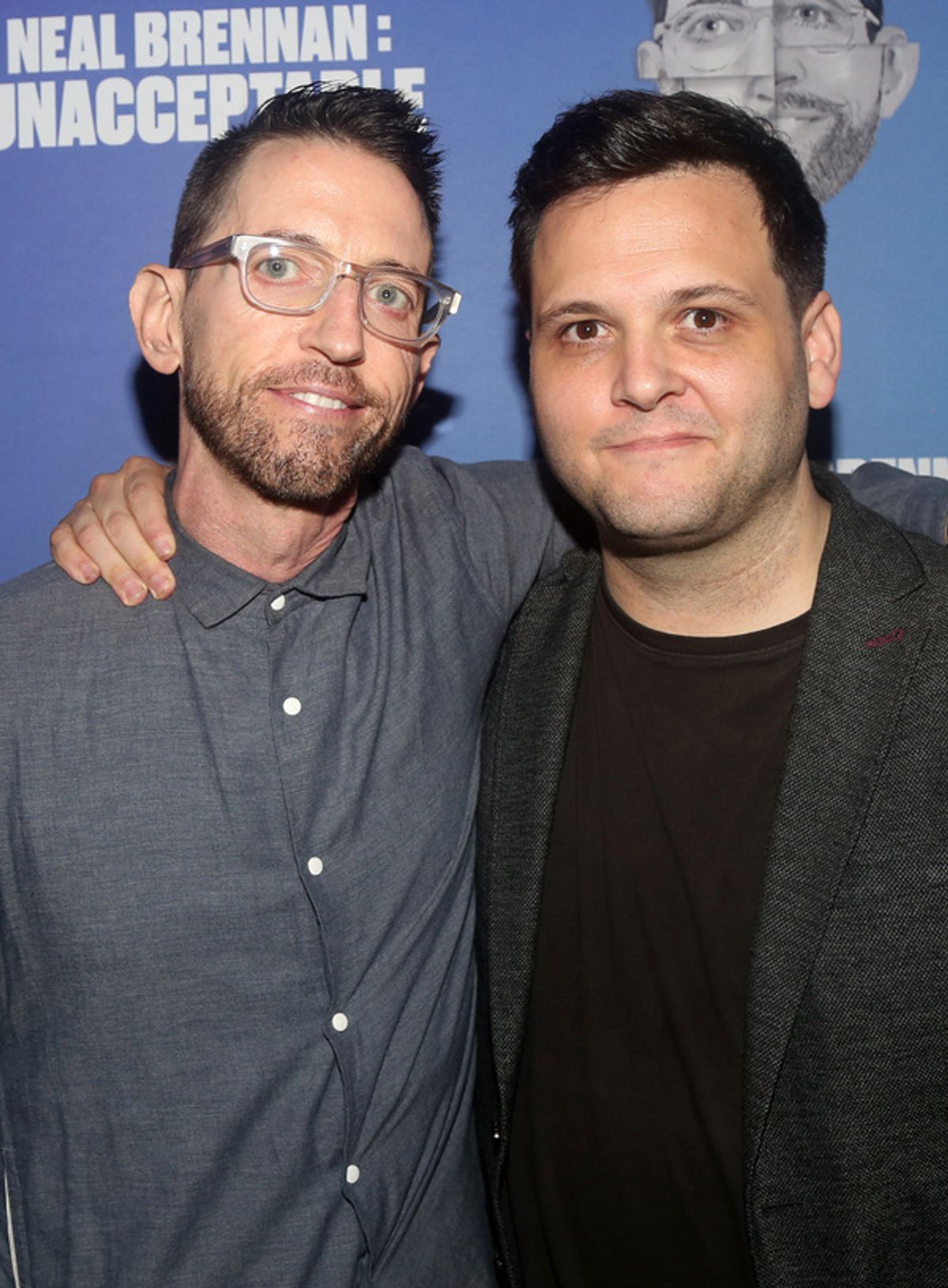 NEW YORK, NEW YORK - SEPTEMBER 09: Neal Brennan and Director Derek DelGaudio pose at the opening night party for 'Neal Brennan's Unacceptable' at The Leroy House on September 9, 2021 in New York City. (Photo by Bruce Glikas/Getty Images) at 