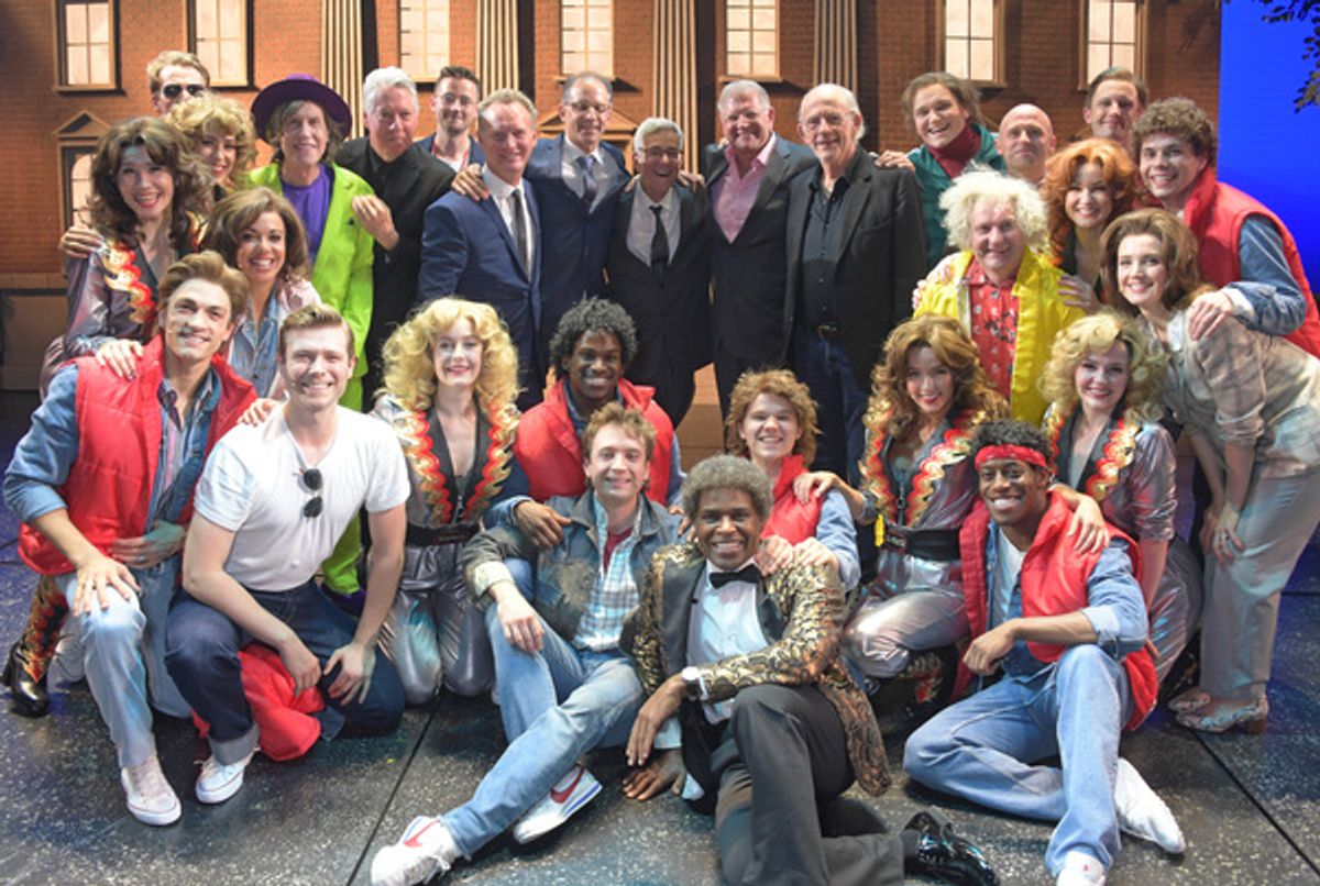 Glen Ballard, Alan Silvestri, Colin Ingram, John Rando, Bob Gale, Robert Zemeckis and Christopher Lloyd pose with cast members including Olly Dobson, Cedric Neal, Mark Oxtoby and Rosanna Hyland  at 