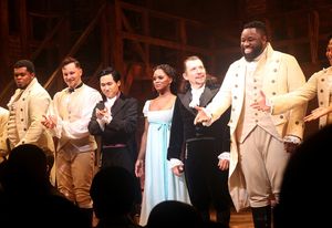 Jin Ha as Aaron Burr, Krystal Joy Brown as Eliza Hamilton, Miguel Cervantes as Alexan Photo