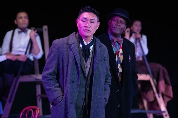 Justin P. Lopez (on ladder) as George Gibbs, Fred Pitts as Stage Manager, and Grace D Photo