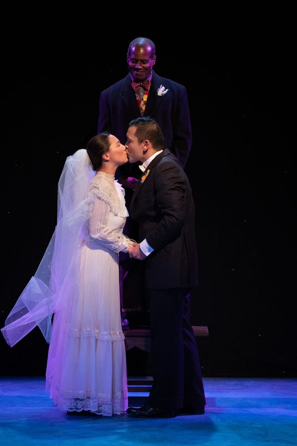Fred Pitts as the Stage Manager (below, L to R) Grace Dolezal-Ng as Emily Webb and Ju Photo