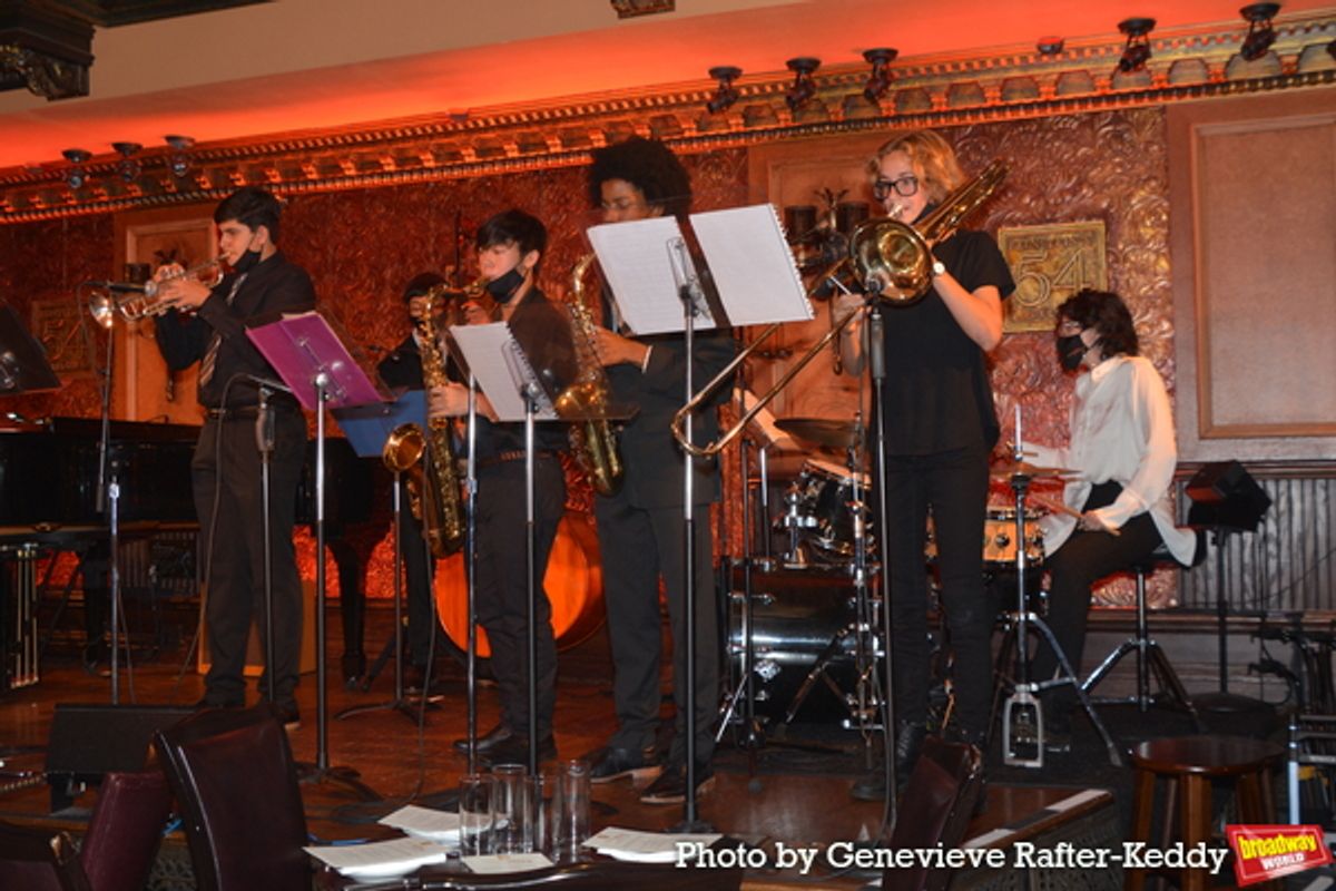 Pops Ed Student Alumni that includes Christopher LeDoux (Trumpet), Law Watford (Saxophone), Wynn Chang (Tenor Sax), Olivia Busiri Vici (Trombone), Ryan Has (Bass), Madeline Ajemian (Drums) at Photos: Max Von Essen and The New York Pops Underground Cabaret at Feinstein's/54 Below